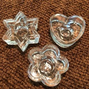 3 Thick glass candle holders, 2”x1”, EUC